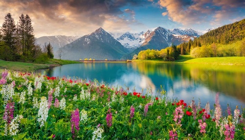 Beautiful spring landscape. Blooming flowers and trees on the meadow with green grass near lake against background with mountain peaks