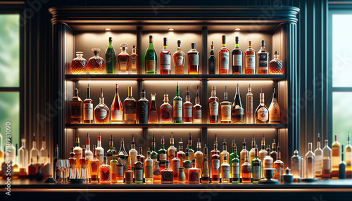 A bar setting, with a close-up view of three horizontal shelves laden with an assortment of liquor bottles