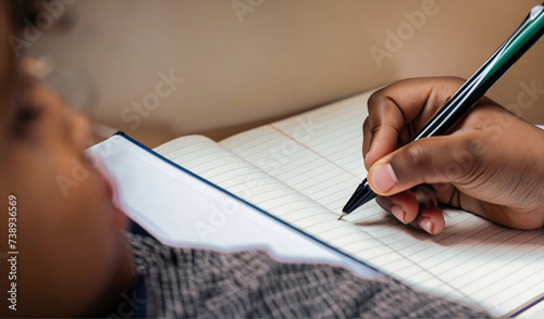 Close na mão de uma criança que está escrevendo em um caderno. Conceito de volta às aulas.