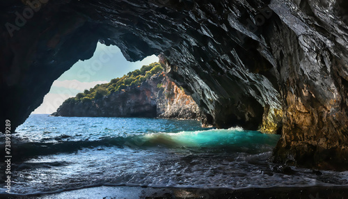  Beautiful sea cave view of the turquoise waters of the Mediterranean sea. sea cave view of the turquoise waters of the Mediterranean sea