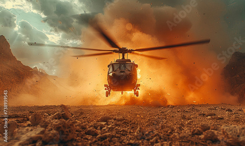 A helicopter lands in a rugged landscape, dust swirling