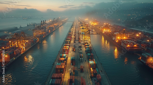 Dusk over an illuminated container port, showcasing global logistics