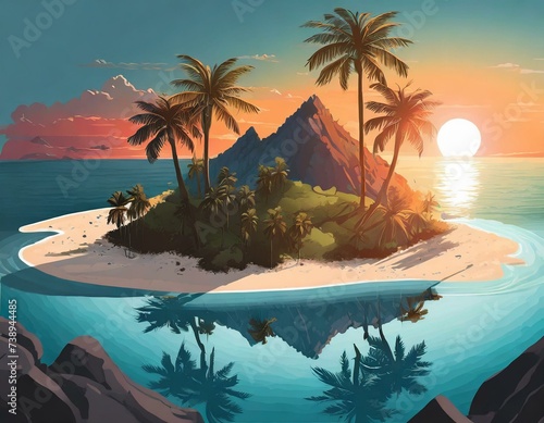 Inselillustrationen mit schöner Farbgebung. Trauminsel zum Urlaub machen. Palmenparadies mit Bergen im Hintergrund. Insel mit Wasser und Palmen.