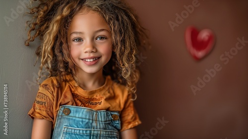 Pięcioletnia dziewczynka o mieszanej etniczności, z kręconymi włosami stoi obok brązowej ściany z bluzką z napisem serce
