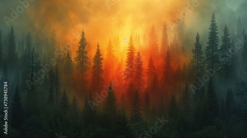 Na obrazie przedstawiony jest las wypełniony wieloma drzewami i pomarańczowym światłem przebijającym się przez mgłę