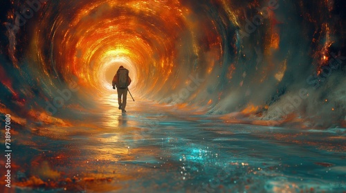 Osoba idąca przez tunel ognia i wody.