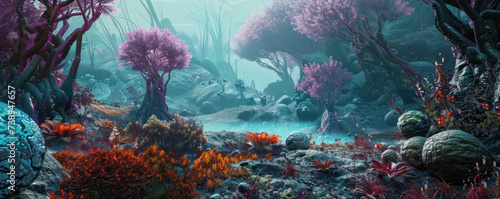 Alien world exploration first contact with extraterrestrial flora and fauna a lush vivid ecosystem