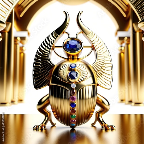 Golden scarab beetle with precious stones, Egyptian jewelry.