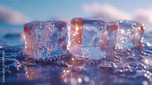 Vibrant Ice Cubes Resting on Light Blue Surface