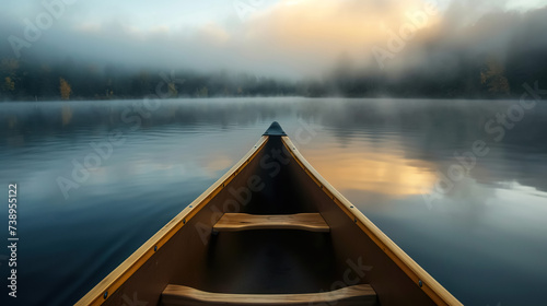 first person view of kayak boat at mountain lake with fog, pov canoe at misty river