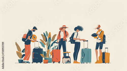 people with luggage waiting for train or plane at airport or railroad station, men and women with bags, travel, tourism and vacation concept