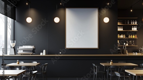 An elegant coffee shop with a monochrome interior, displaying an empty canvas frame on a sophisticated black wall, accented by the sleek, modern design of recessed lighting.