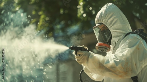 pest control worker in a protective suit sprays insect poison, 16:9