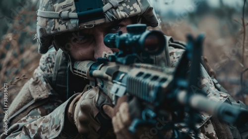 A determined soldier takes aim with his rifle, ready to defend his country and comrades in the midst of battle