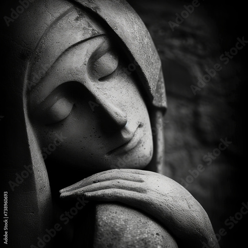 Tranquil Repose: Stone Sculpture of a Serene Madonna