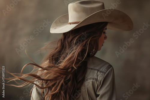 Close-up portrait of a young woman with long brown hair wearing a cowboy hat and western shirt - isolated, neutral studio background