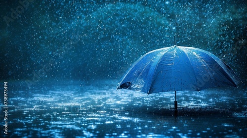 blue umbrella on the ground of a road with a big rain falling