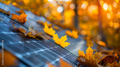 solar panels on roof covered with leaves in autumn