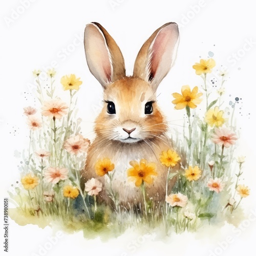 Kaninchen Aquarell Frühlingswiese Blumenfeld Hase Natur Illustration Wandkunst Osterdeko Kinderzimmer Geschenk Frühlingsfest