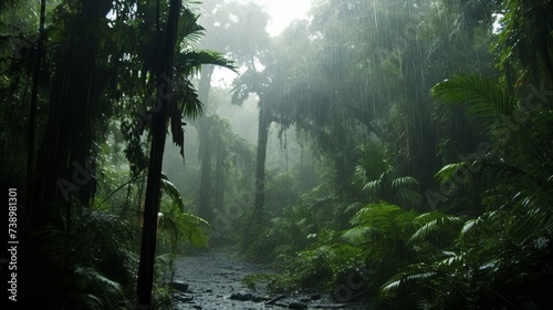 Tropical rainforest with heavy rainfall and lush greenery