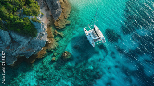 White luxury catamaran docks at an island. the water is turquoise and clear. drone shot