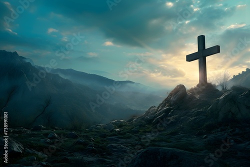 A wooden cross on a rocky hillside, overlooking a misty mountainous valley