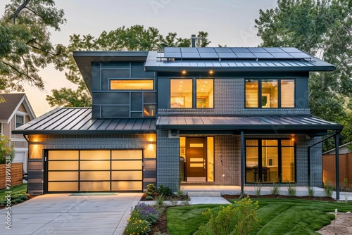 Contemporary home showcasing energy efficiency with roof-mounted solar panels and innovative storage battery solutions