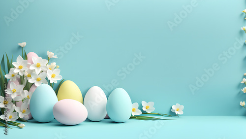 3D Easter Day Illustration Showcasing Flowers and Eggs in a Unique Composition, Surrounded by a Sweet Blue Pastel Background. Perfect for Social Media Posts, Cards, Invitations, Banners, and Posters.