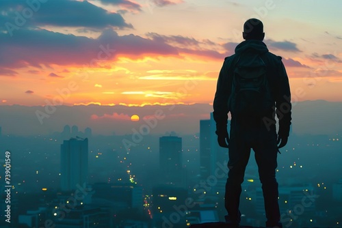 Silhouette of a determined entrepreneur overlooking a city at dawn Symbolizing ambition and the pursuit of success.