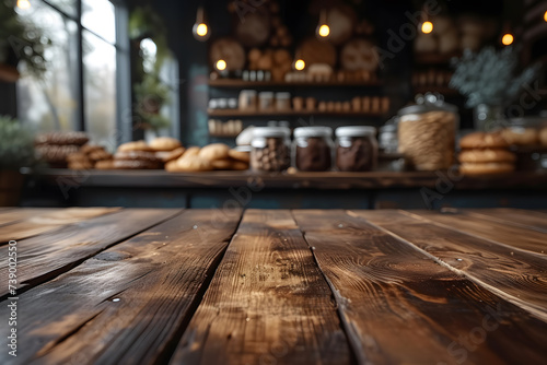 Empty wooden table top in focus, blurred bakery background. Blank desk for advertising product