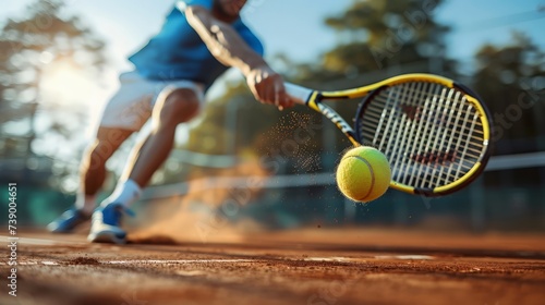 Focused tennis player sliding to hit a backhand on a sunlit clay court during a competitive match.