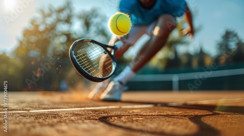 Focused tennis player sliding to hit a backhand on a sunlit clay court during a competitive match.