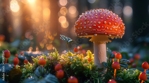 fly agaric mushroom in the forest, red and white mushroom in forest at Autumn