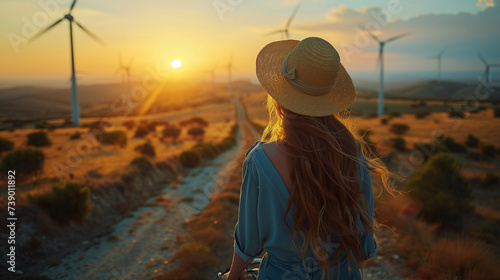 a beautiful woman wearing a sunhat is riding a bicycle with on the banground windmill turbines in the Netherlands at sunset
