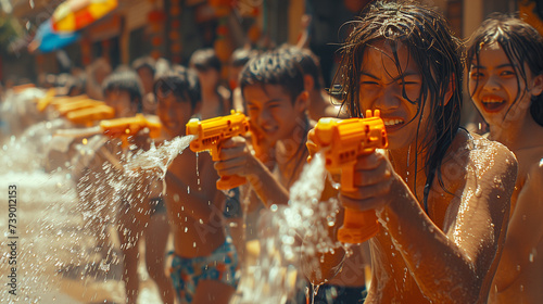 group of people playing Songkran in Pattaya Thailand, with big water guns spraying water in Pattaya Thailand