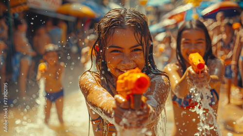 group of kids playing Songkran in Pattaya Thailand, or tourists with big water guns spraying water in Pattaya Thailand