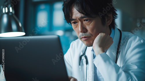 深刻そうな表情でノートパソコンの画面を見つめるミドル男性医師