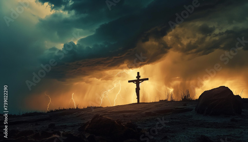 Image of the Crucifixion in Holy Week. Silhouette of Christ on the cross during sunset, on Good Friday 