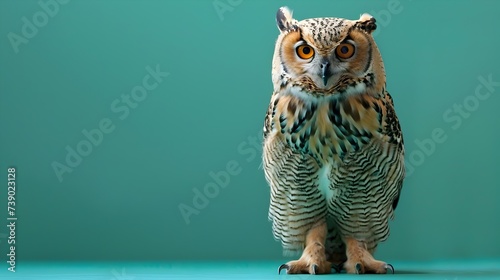 Majestic Owl Standing on a Wooden Floor with Brown Eyes
