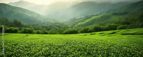 a green field of tea in the style of isolated landscapes