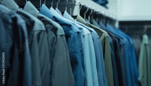 Men's clothing on a hanger in the store. Shallow depth of field. Dry cleaner