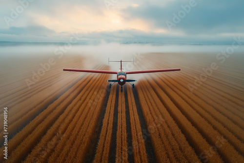 Crop duster plane spraying an agricultural field