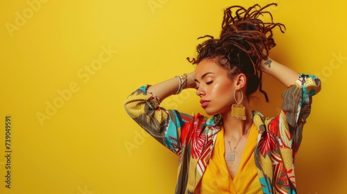 Beautiful fashionable girl on yellow background