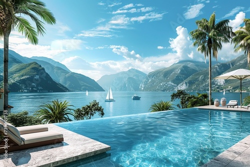 A luxurious infinity pool overlooking a vast, turquoise lake, surrounded by sun loungers and palm trees, with sailboats skimming the water in the distance