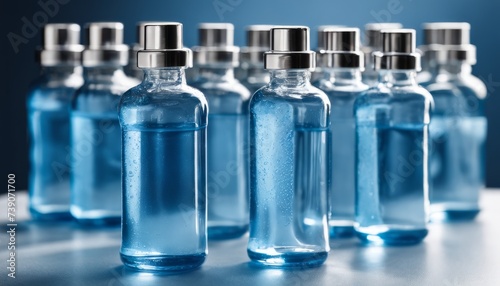  A collection of clear glass bottles with blue liquid and silver caps