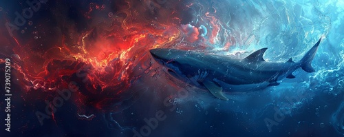 A dynamic modern abstract background that captures the thrilling and ominous atmosphere of underwater suspense in shark movies.