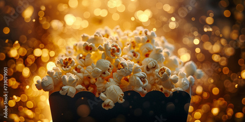 A delicious freshly popped popcorn on a table with golden glitter blur background