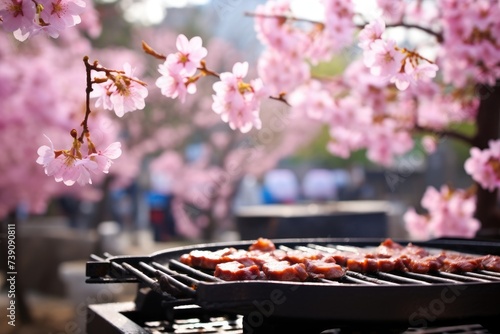 Korean barbecue with spring blossoms in the background in Seoul, South Korea.