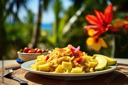 Jamaican ackee and saltfish in a tropical garden with banana trees.