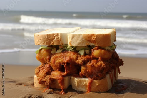 South African bunny chow on a Durban beachfront with Indian Ocean waves.